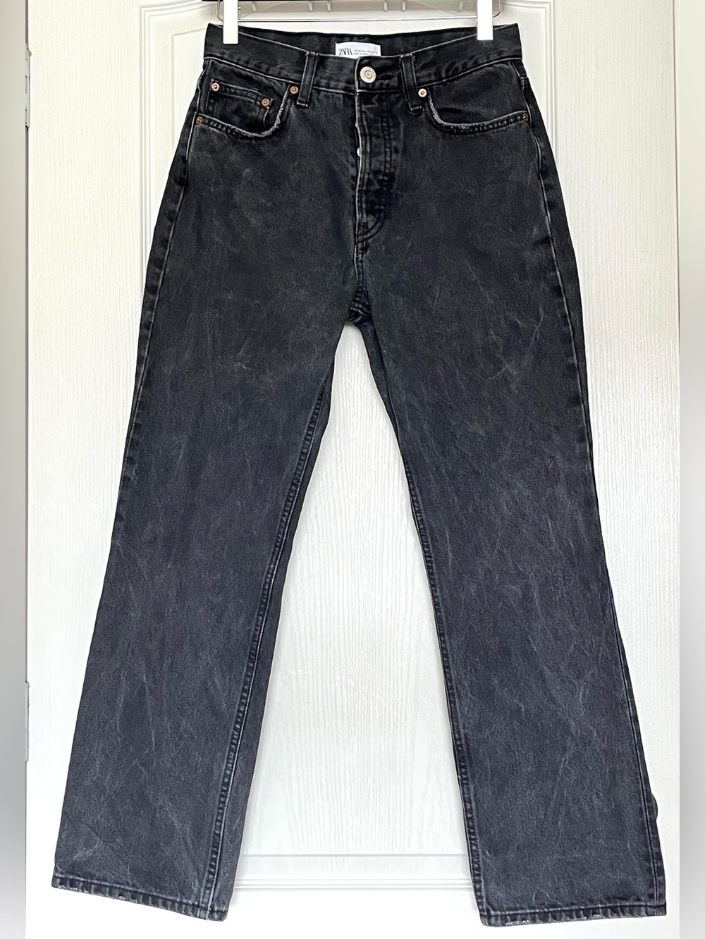 Zara Faded Black Straight Leg Button Fly Denim Jeans Size 2
